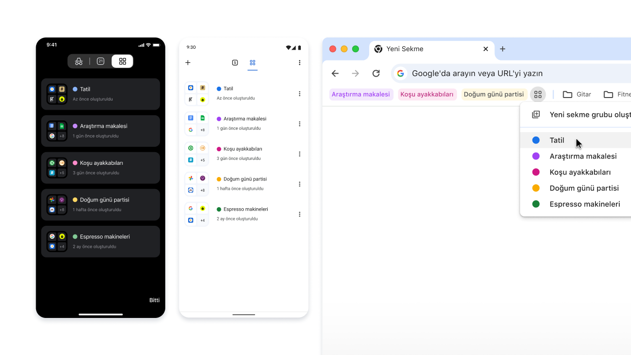 iOS, Android ve masaüstü cihazlarda sekme grupları
